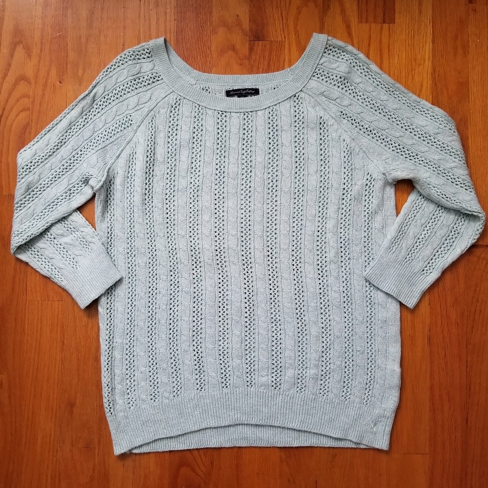 American Eagle Cable Knit Teal 3/4 Sleeve Sweater